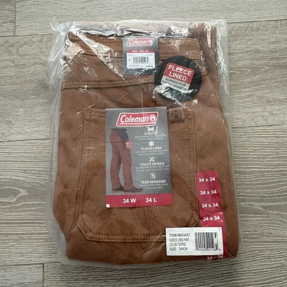 NWT Coleman Toffee Brown Tear Free Fleece‎ Lined Utility Pants Size 34 x 34 $90